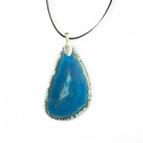 Blue Agate Slice Necklace ~ Stone Pendant - Picture 3 of 3
